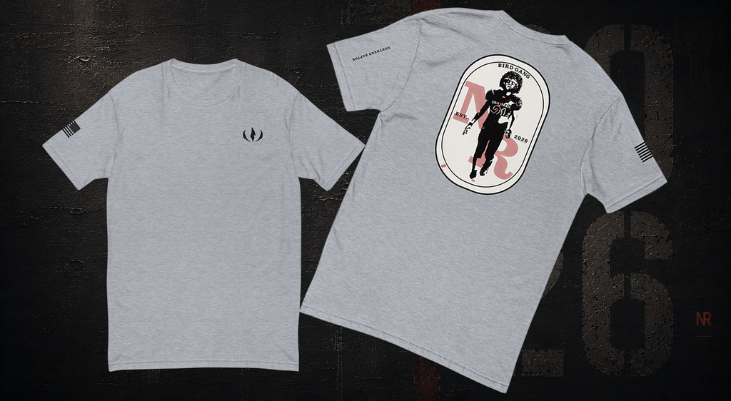 Heather grey Bird Gang Players Badge Tee 01 front view
