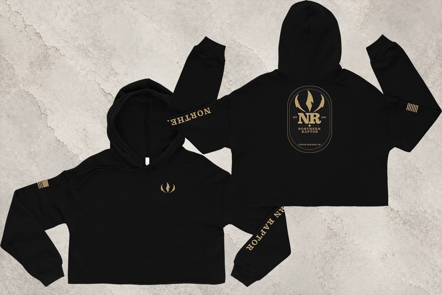 Northern Raptor Heritage Crop Hoodie in black with Heritage crest graphic front view