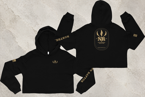 Northern Raptor Heritage Crop Hoodie in black with Heritage crest graphic front view