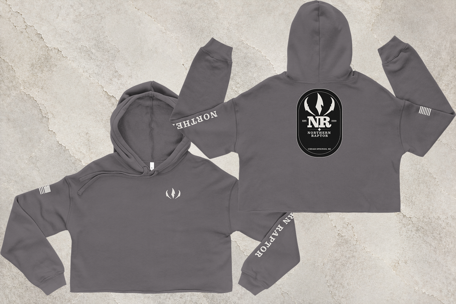 Northern Raptor Heritage Crop Hoodie in storm grey with Heritage crest graphic front view