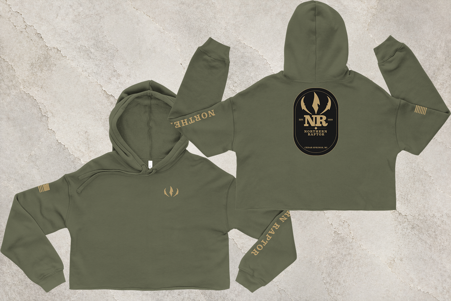 Northern Raptor Heritage Crop Hoodie in military green with Heritage crest graphic front view