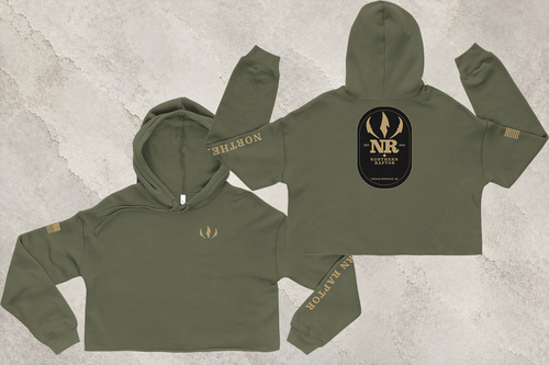 Northern Raptor Heritage Crop Hoodie in military green with Heritage crest graphic front view