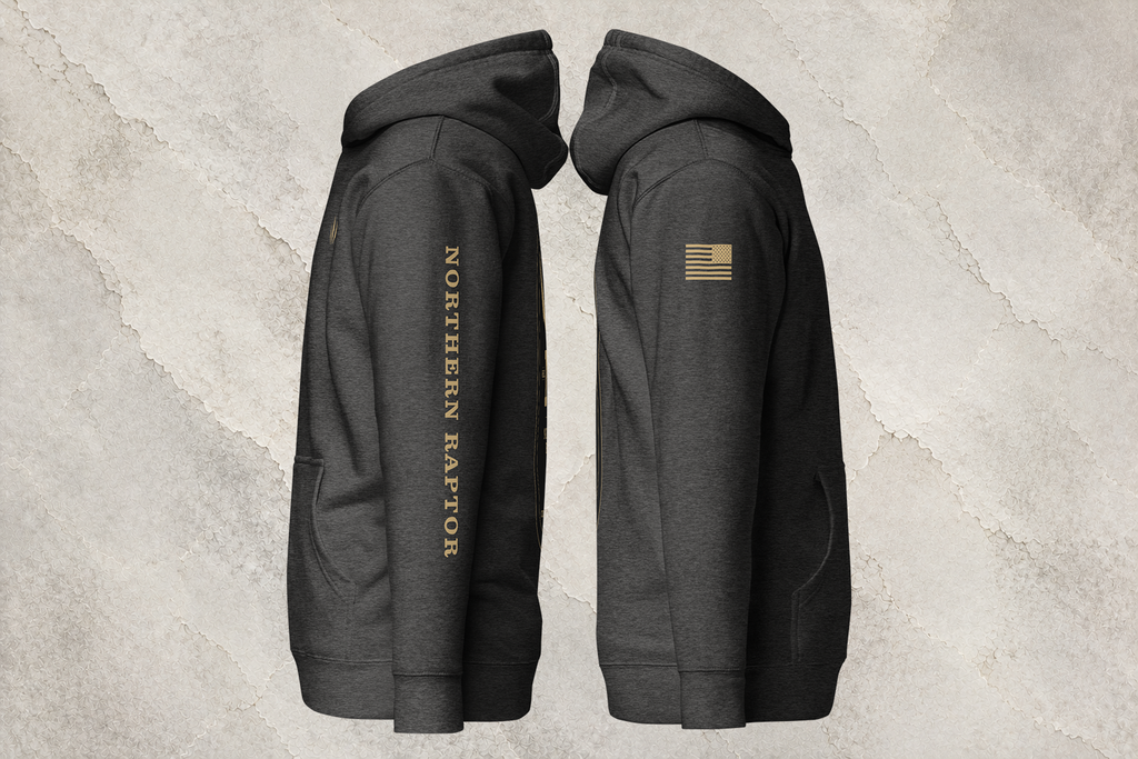 Northern Raptor Heritage Crest charcoal heavyweight hoodie side profile view
