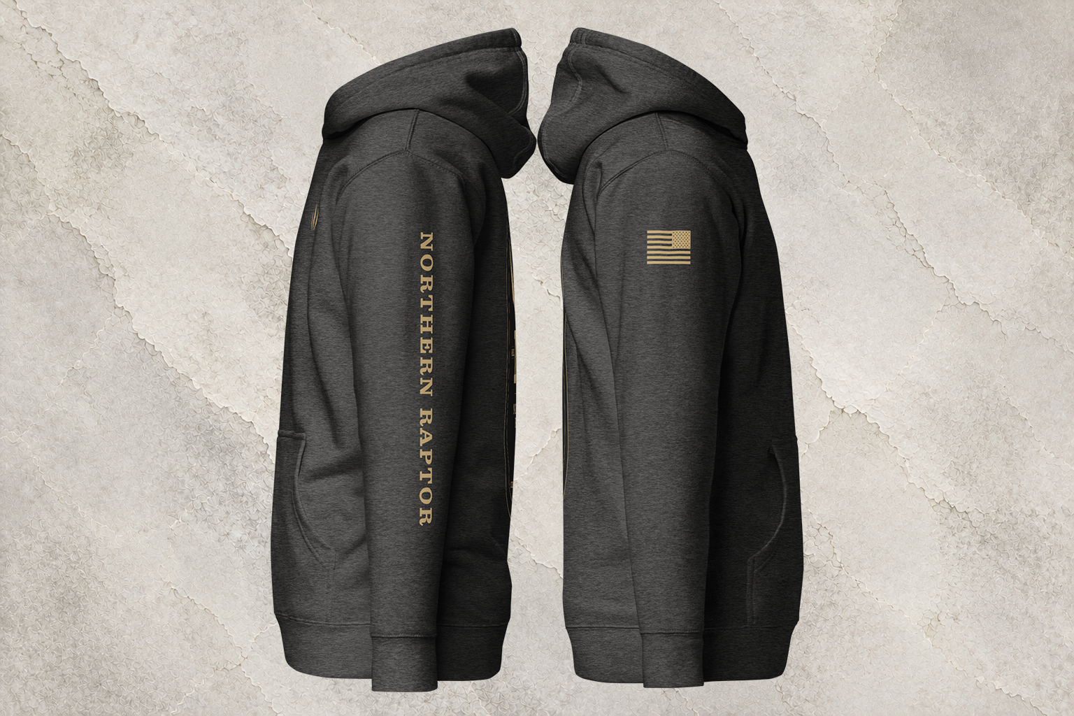 Northern Raptor Heritage Crest charcoal heavyweight hoodie side profile view