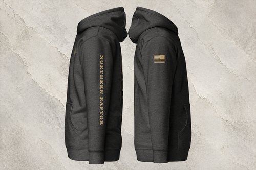 Northern Raptor Heritage Crest charcoal heavyweight hoodie side profile view