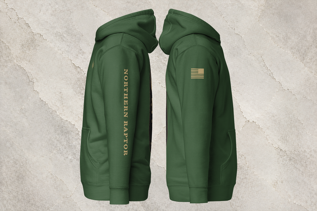 Northern Raptor Heritage Crest forest green heavyweight hoodie side profile view