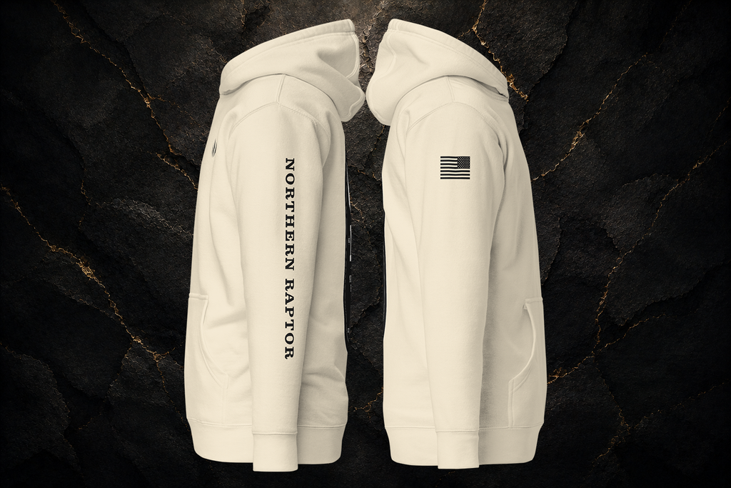 Northern Raptor Heritage Crest bone heavyweight hoodie side profile view